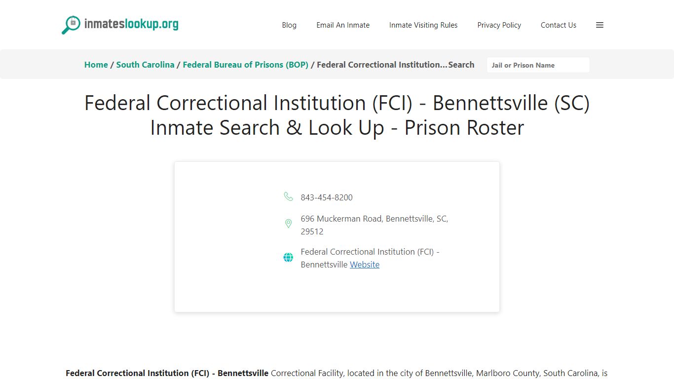 Federal Correctional Institution (FCI) - Bennettsville (SC) Inmate ...