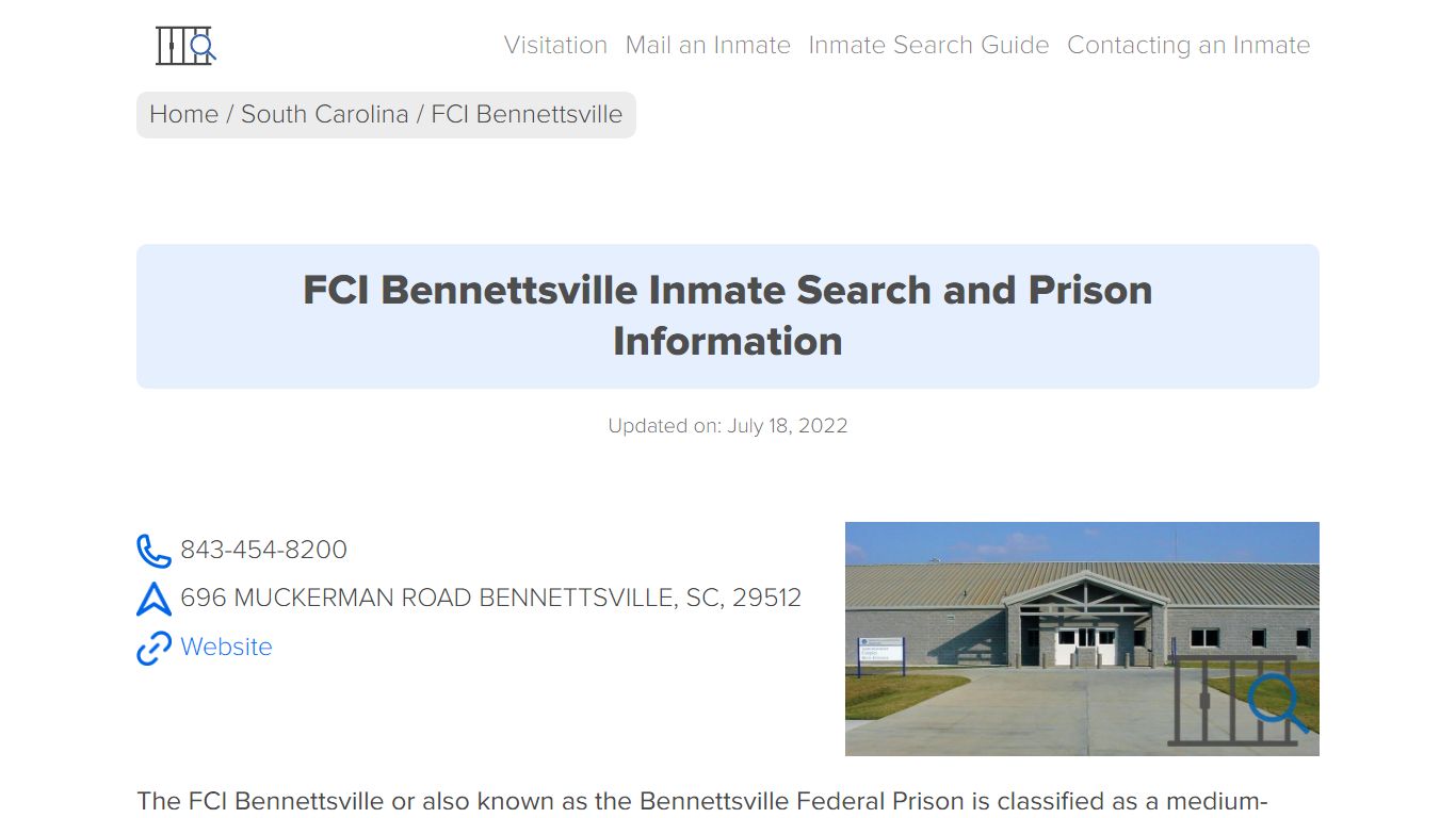 FCI Bennettsville Inmate Search and Prison Information